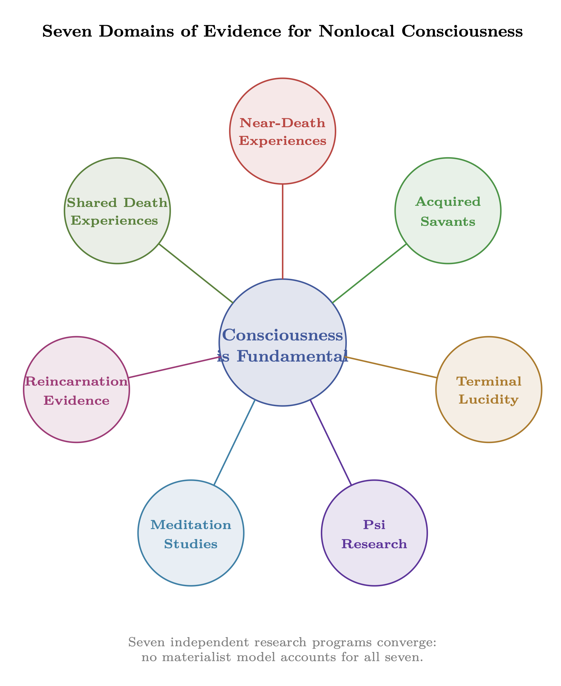 Figure 1.2: Seven independent domains of evidence converging on
consciousness as fundamental — no materialist model accounts for all seven.